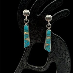 Zuni Native Sterling Silver Turquoise Lab Opal Mosaic Inlay Dangle Earrings